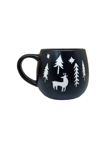 MUG NOIR MOTIFS SAPINS/CERFS
